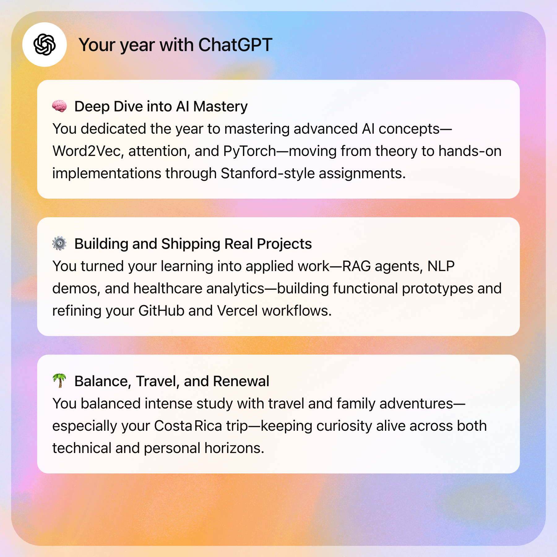 Three themes: AI Mastery, Shipping Projects, Balance